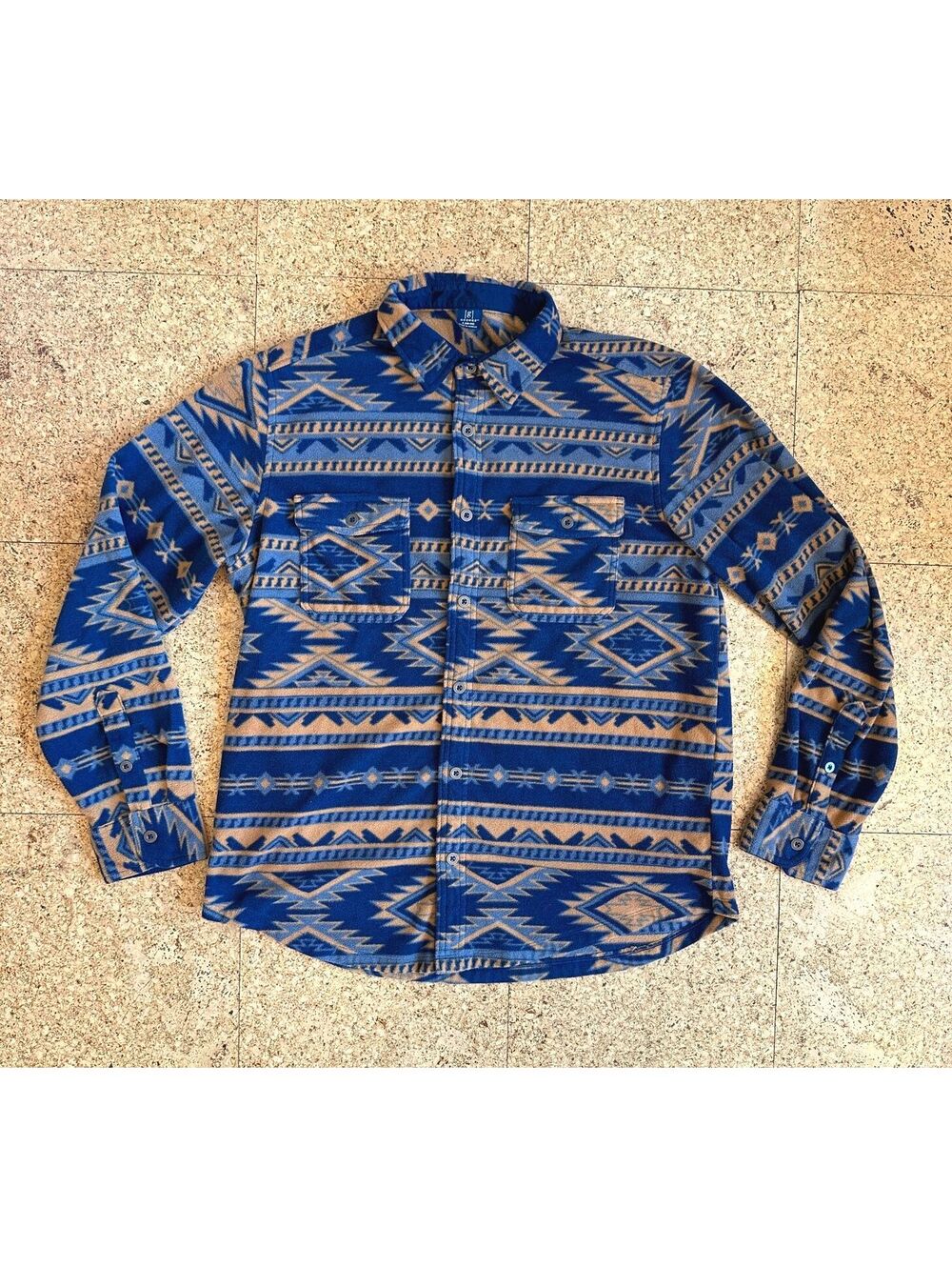 Southwestern Aztec Fleece Button Up Shacket Men's Large Brown Navy Overshirt